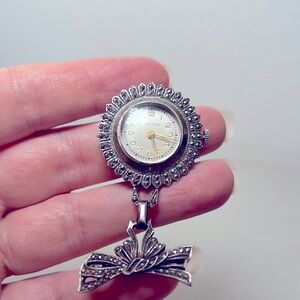 Antique CROTON Edwardian c1900 Sterling & Marcasites Swiss Watch Brooch, Working